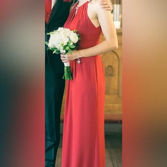 red davids bridal dress David's Bridal Apple Red Chiffon & Charmeuse